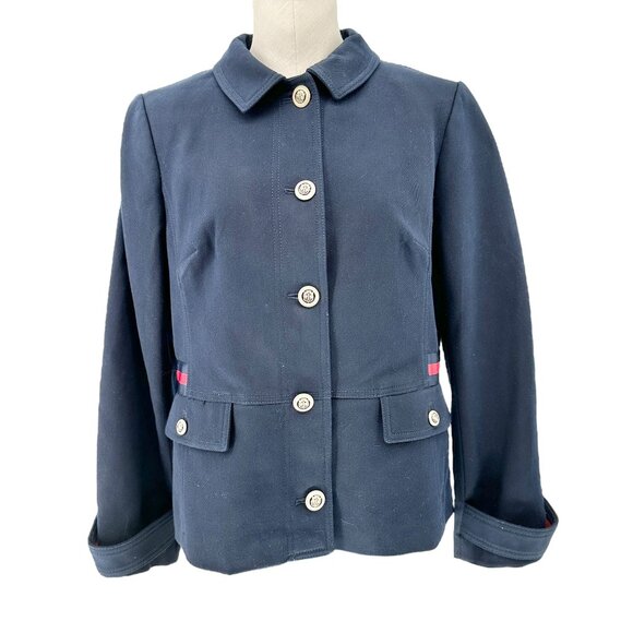 Talbots Classic Jacket Womens Size 10 Navy Red Accents Button-Front Cotton Blend - Picture 1 of 9